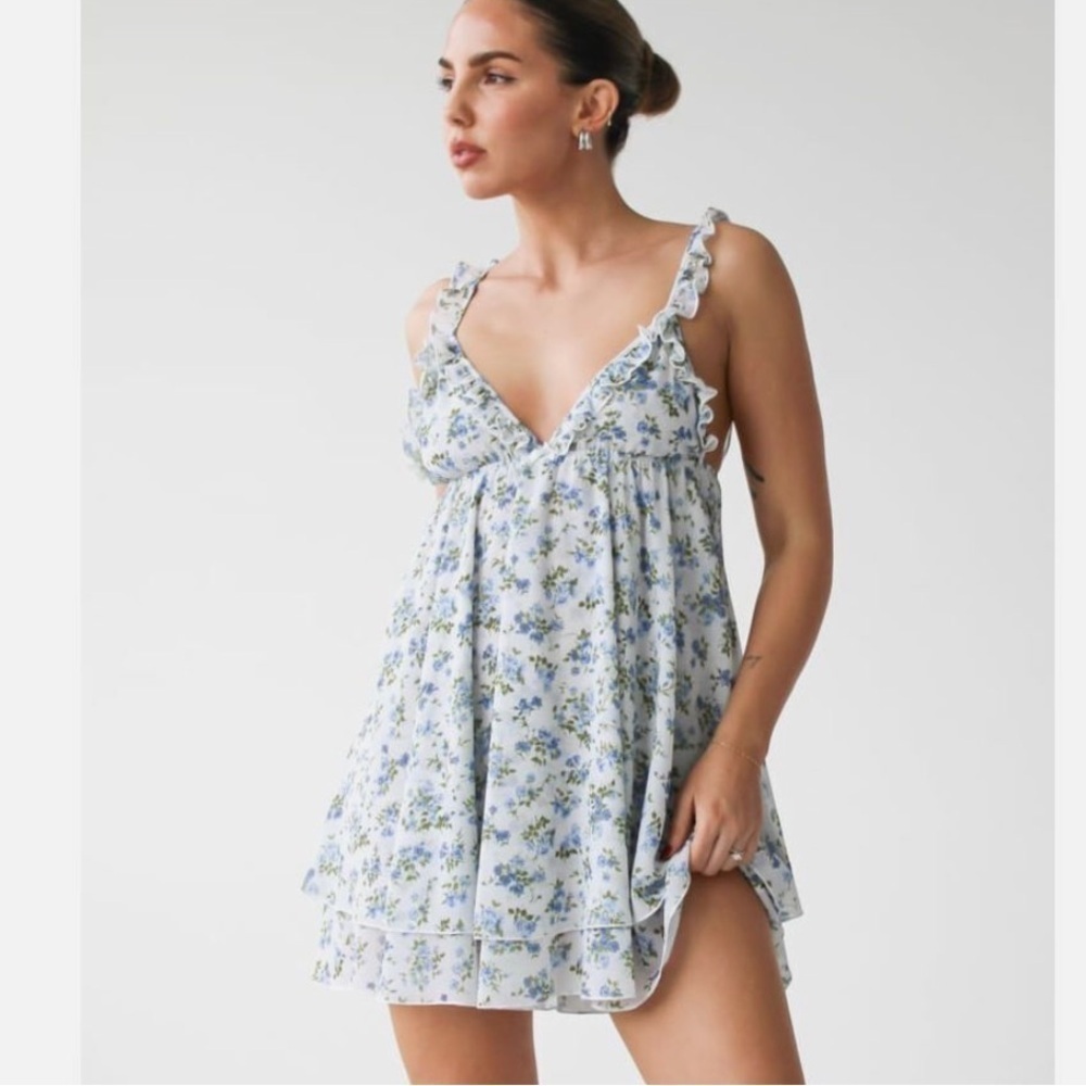Commense Light Blue Floral Ruffle Mini Dress